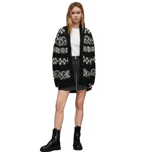 ALL SAINTS Tora Cardigan, Black Cream Nordic Pattern,  Wool Blend,  Sweater, S